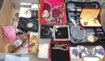 A collection of misc items including costume jewellery, coins, penknives, Albion car badge, etc.