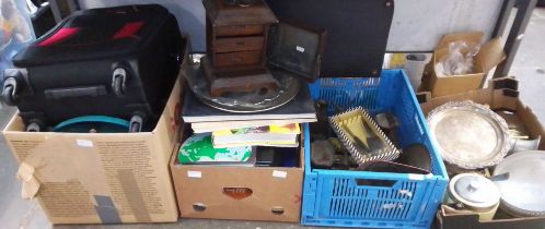 Four boxes containing metal ware, books, cases etc. etc.