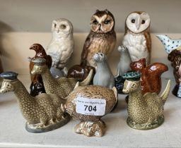 Beneagles whisky flasks - 3 medium size owl figures, all with contents; 10 smaller figures, 3 with