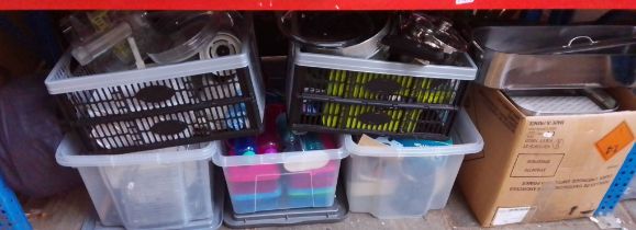 8 boxes of kitchen ware, mixers, fish kettle, garage/household items, pottery, a clock, pictures,