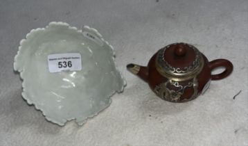 A Chinese white metal mounted miniature Yixing red clay teapot and cover, seal mark to base,