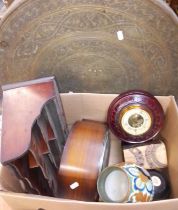 A mixed lot comprising a brass table top, a stationary rack, a clock, old bowls, a barometer, a