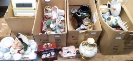 Five boxes of miscellaneous to include ceramics, ornaments, vases, treen, picture frames, metal