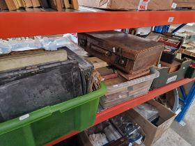6 boxes of various items including books, old records, vintage tins, mixed wooden boxes / treen,