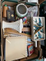 A mixed box to include various vintage rulers, Loetz vase (as found), vintage doll, set of ceramic