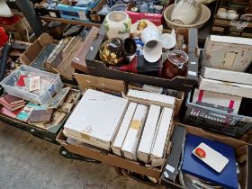 16 boxes of miscellaneous items including cameras, collectables, bibles, collector's plates,