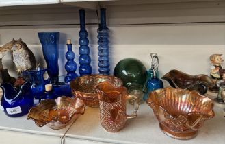 17 coloured glass items including 5 pieces of Carnival Glass