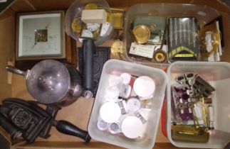 A box containing assorted watch parts, plated teapot, two flat irons & a barometer.