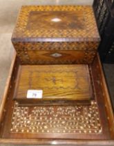 Assorted wooden items comprising an inlaid tray, a parquetry box etc.