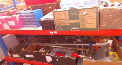 7 boxes of various tools / garageware together with few empty toolboxes / boxes and 2 clamps.