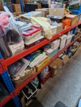 3 shelves of various boxes and bags of card making/crafting items, wool, silk flower arranging