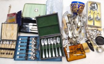 A box of plated-ware, cutlery, collectables, etc.