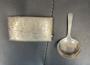 A hallmarked silver card case, and a hallmarked Georgian silver caddy spoon