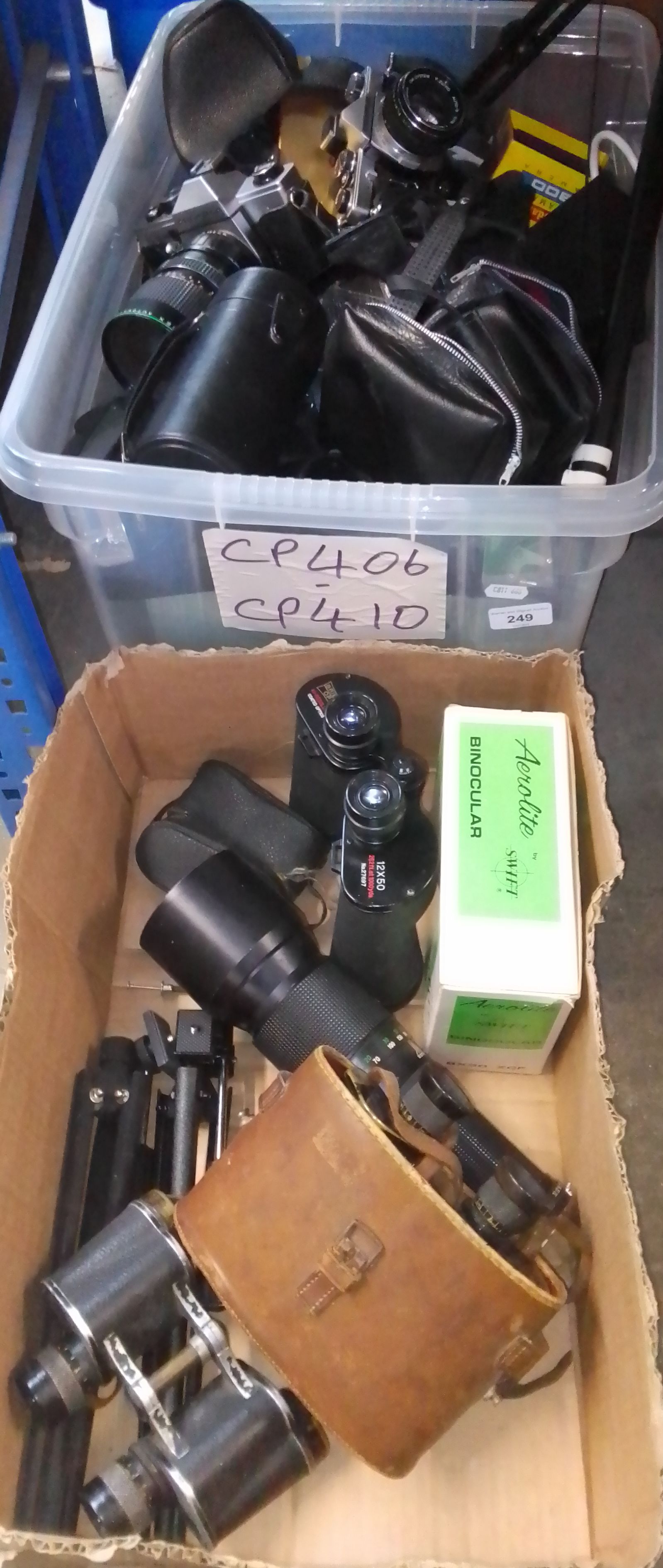 2 boxes of cameras, accessories, lenses & binoculars to include Aerolite, Briberg, Olympus,