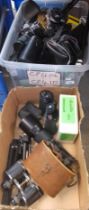 2 boxes of cameras, accessories, lenses & binoculars to include Aerolite, Briberg, Olympus,