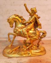 A large painted gilt spelter figure depicting an eastern soldier on horse back, height 53cm.