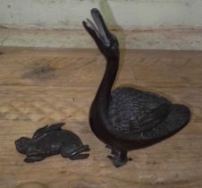 A Japanese bronze incense burner modelled as a duck, height 19cm, together with a Japanese bronze
