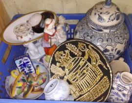 A box of assorted continental pottery and porcelain including Delft etc. etc.