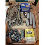 A box of assorted model railway items including track, carriages and a loco (as found).