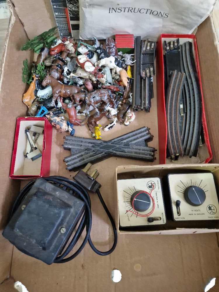 A box of Trix Twin Railway items to include locos, rails, accessories and metal farmyard models etc. - Image 2 of 4