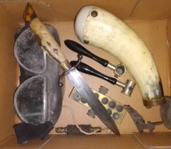 A mixed lot including a hoof handled hunting knife, a pair of goggles, a cow horn shot powder