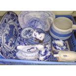 A box of assorted English blue and white pottery and porcelain including Worcester, Ironstone etc.