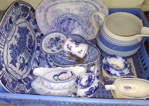 A box of assorted English blue and white pottery and porcelain including Worcester, Ironstone etc.