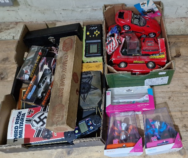 Two boxes of various games and toys to include military toys, Airfix, Scalextric, Olymp......