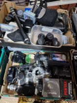 Two boxes of assorted cameras, binoculars, lenses (Vivitar, Nikon, Leitz etc.) & accessories....
