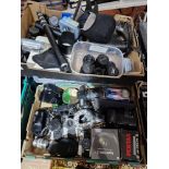 Two boxes of assorted cameras, binoculars, lenses (Vivitar, Nikon, Leitz etc.) & accessories....