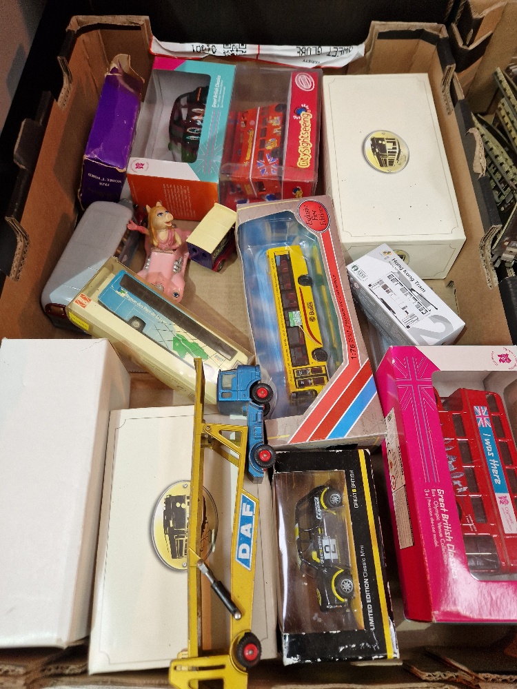 A box of assorted boxed die-cast model vehicles including a Bachmann Graham Farish N scale engine