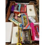 A box of assorted boxed die-cast model vehicles including a Bachmann Graham Farish N scale engine