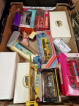 A box of assorted boxed die-cast model vehicles including a Bachmann Graham Farish N scale engine