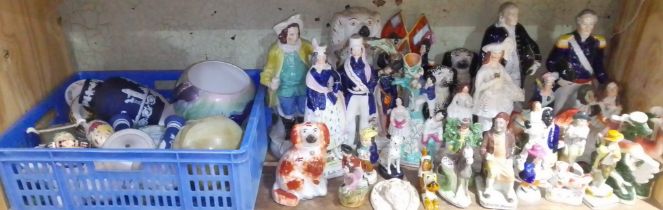 A quantity of assorted Staffordshire figures and a box of other assorted pottery.