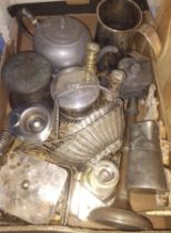 A box of assorted metal ware including a Tudric Arts & Crafts pewter jug, an early Sheffield
