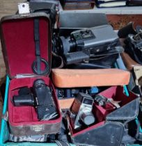 Two boxes of assorted cine camera, video cameras & accesoories etc. to include a Bell...