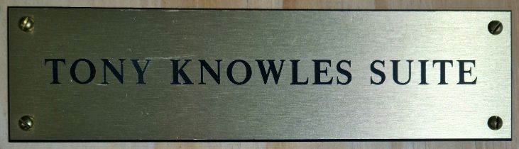 An original prop from the Peter Kay series 'Phoenix Nights', 'TONY KNOWLES SUITE' plaque, used in