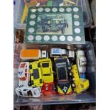 A box of mixed die cast model vehicles including, Corgi, Burago, Matchbox, etc.