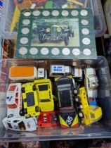 A box of mixed die cast model vehicles including, Corgi, Burago, Matchbox, etc.