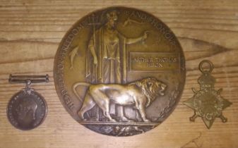 WWI British War and 1914/15 star together with matching death plaque awarded to Arthur Thomas