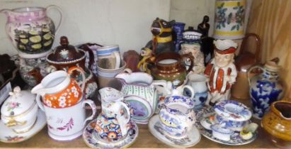 A quantity of assorted English pottery including Staffordshire, lustre ware, relief moulded etc.