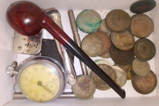 A box of assorted collectables including silver half crowns and other coins, a pocket watch, pipe