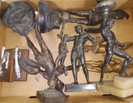 A box of assorted spelter figures and two Jaguar car mascots.