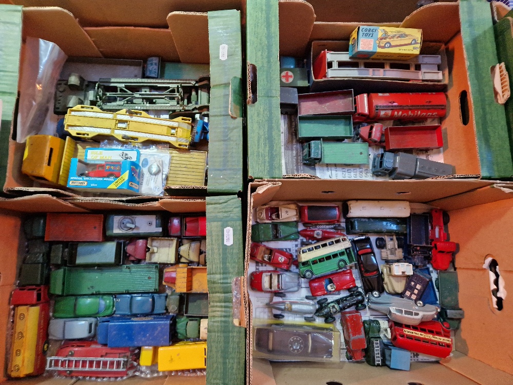 Four boxes of assorted diecast vehicles to include mostly Dinky, some Corgi & Matchbox etc. plus a