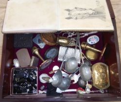 A display case of assorted collectables including snuff boxes, early pewter spoons, etc. etc.