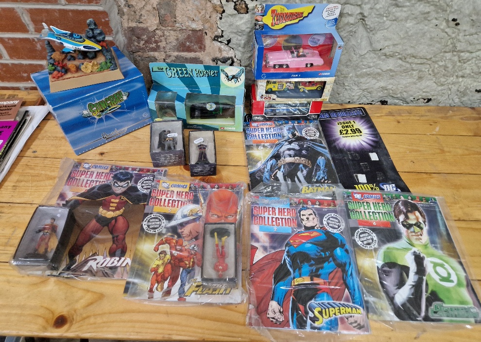 Mixed die-cast vehciles and models including Stingray, Green Hprnet, Thunderbirds, DC figures etc.