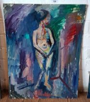 James Lawrence Isherwood (1917-1989), 'Virtue Disturbed', nude, oil on board, 46cm x 61cm, signed to