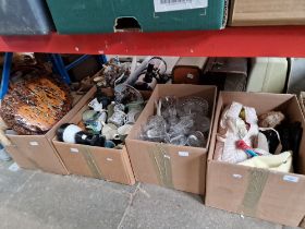 4 boxes of glass, pottery, haberdashery, clock, soft toys, etc.