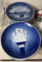 16 plates made in Copenhagen - 8 Royal Copenhagen Christmas plates, a further 6 of these by Bing &