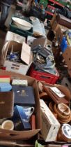 8 boxes of miscellaneous ceramics, glass, ornaments, musical instruments, 45s, treen, cutlery,